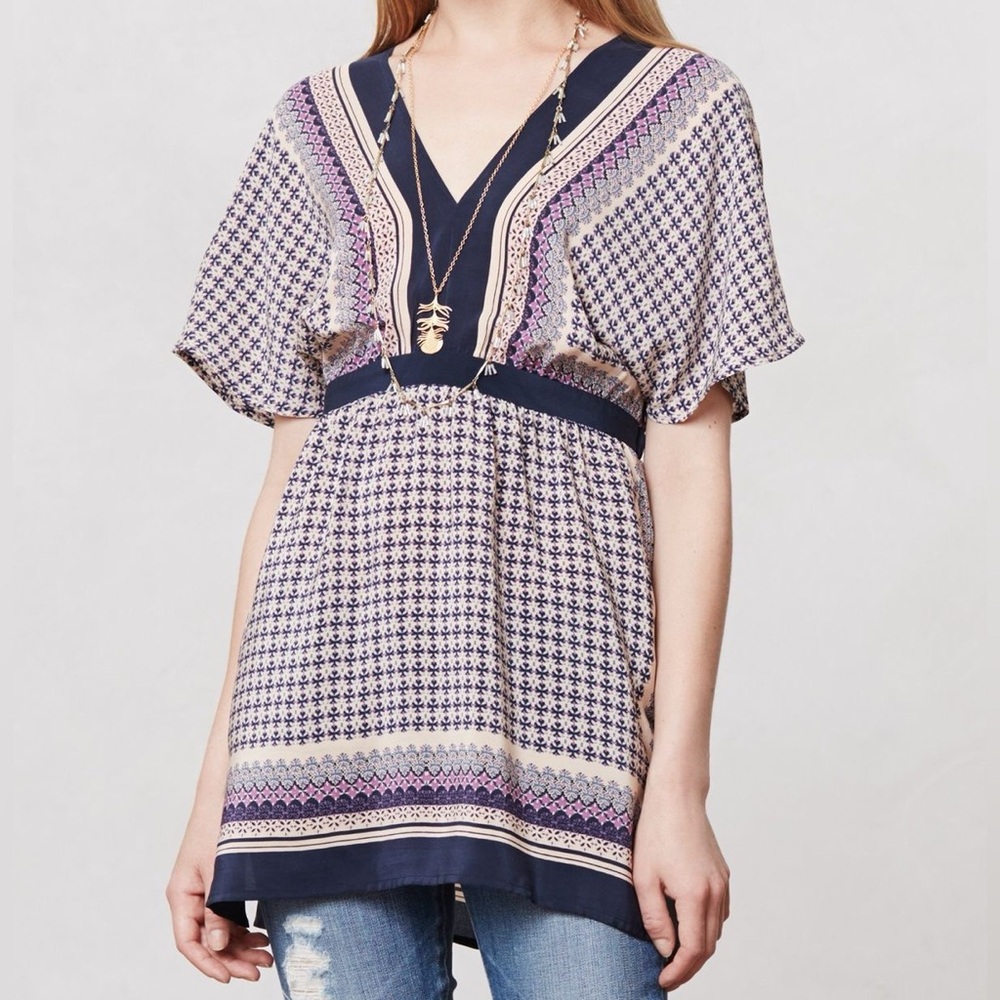 Meadow Rue Silk Scarf Print Peasant Blouse